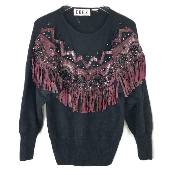 Vintage Sweaters - Vintage Erez Leather Fringe Beaded Black Sweater